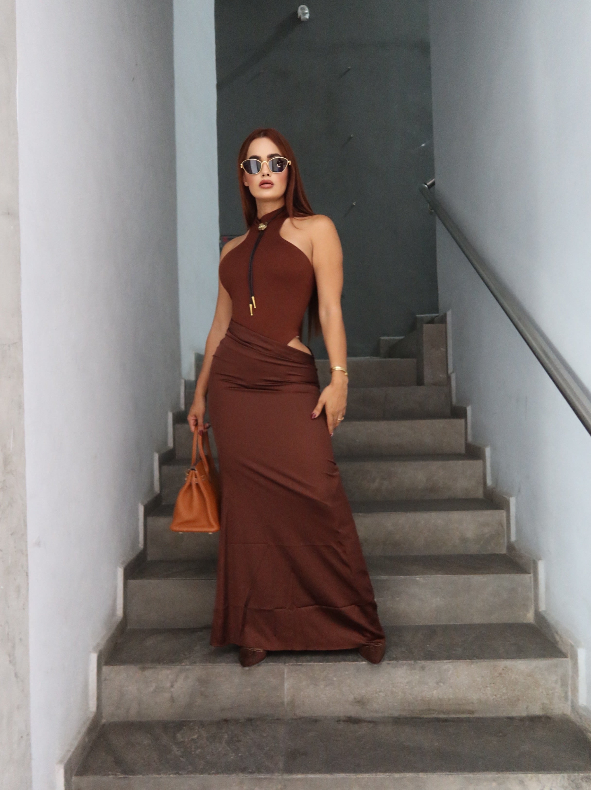 Vestido largo coffe satin